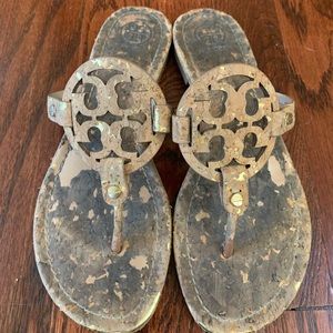 Tan/gold cork Tory Burch Miller Slip On Sandals